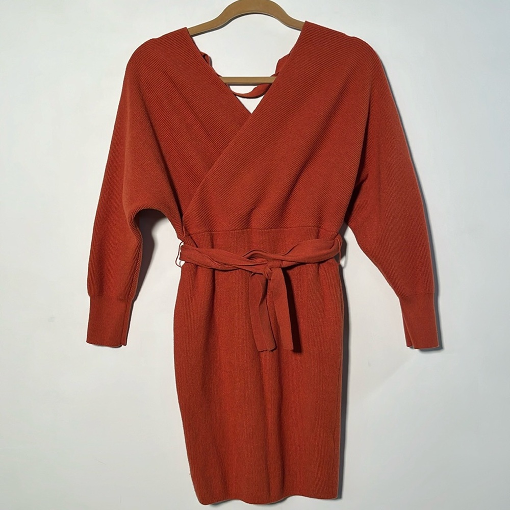 CHERFLY Dolman SLV Faux Wrap Backless Bodycon/Glam Belt Caramel Sweater Dress S - Picture 2 of 16